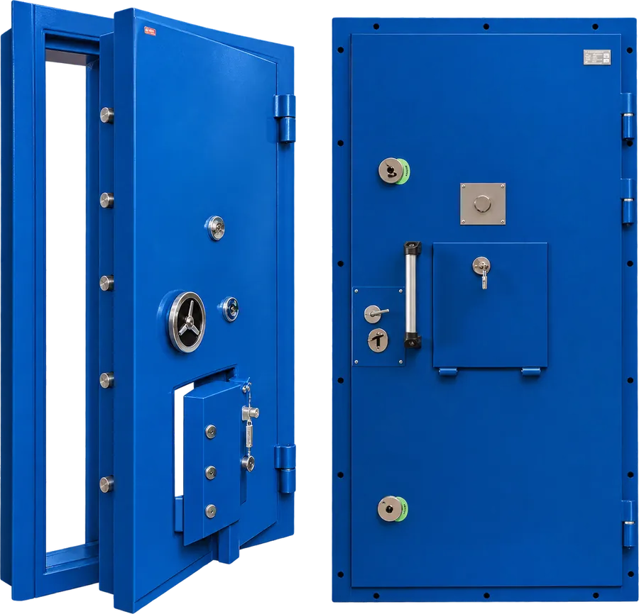 Porta forte azul com porta de emergência integrada
